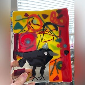 “Choose Joy”Fused Art Glass With Crow Handmade Rectangular Tray 8”x6”Original